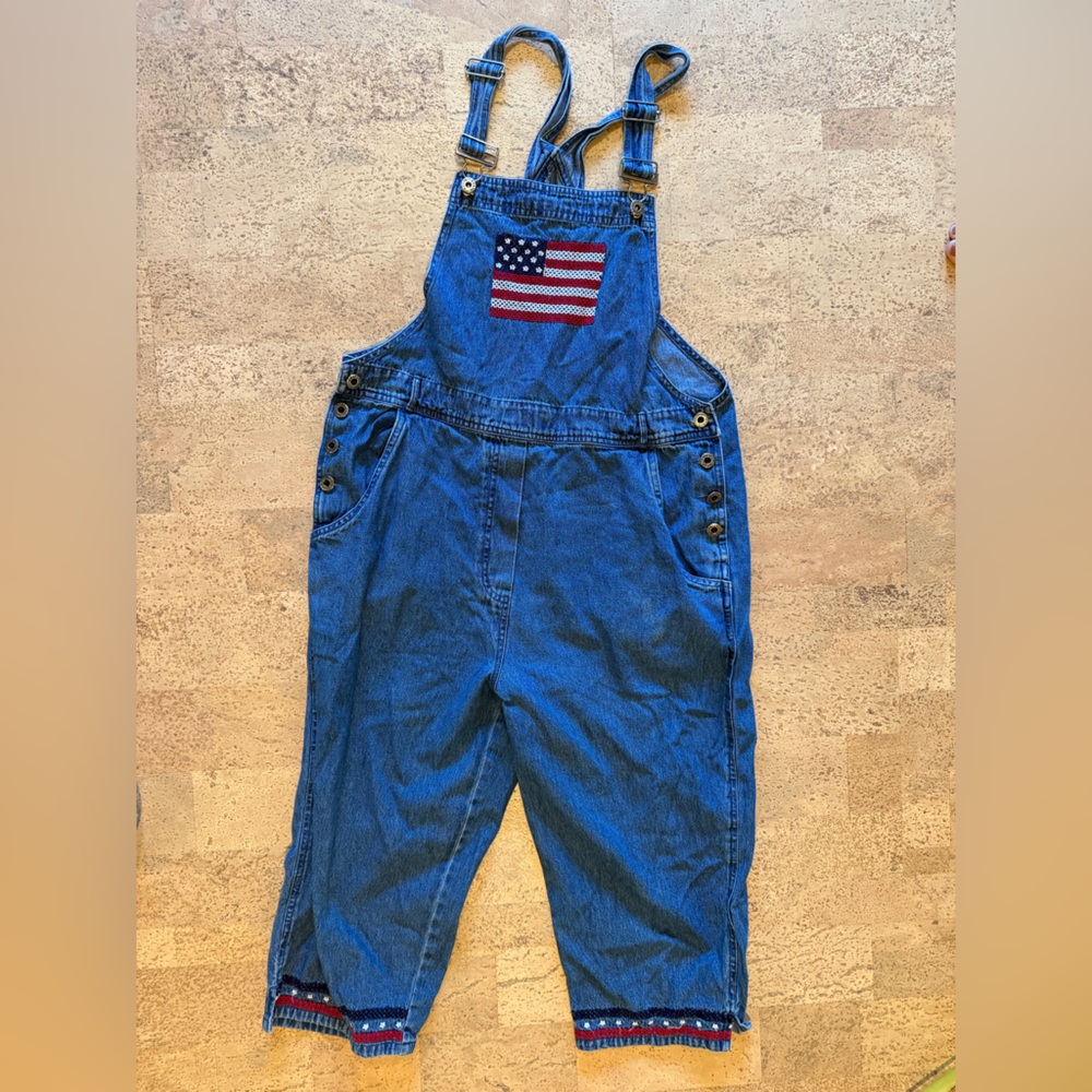 Denim Capri Overalls with American Flag Patch, size M